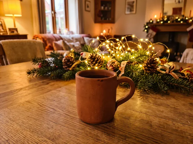 Terracotta coffee mug with the background changed to cozy holiday table with pine branches and warm string lights