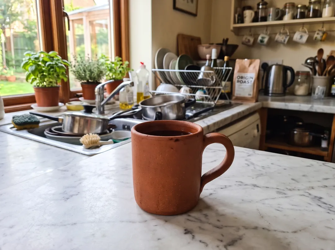 Terracotta coffee mug with the background changed to white marble kitchen counter in soft morning window light