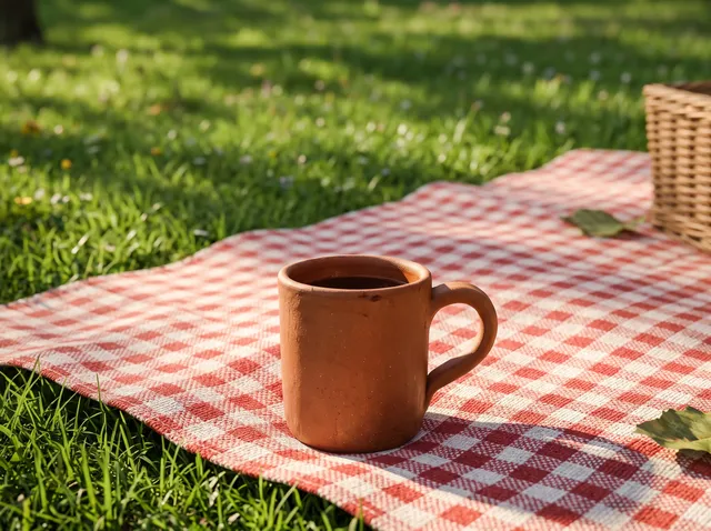 Terracotta coffee mug with the background changed to picnic blanket on green grass on a sunny afternoon
