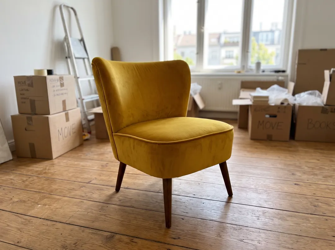 Mustard velvet armchair, original photo