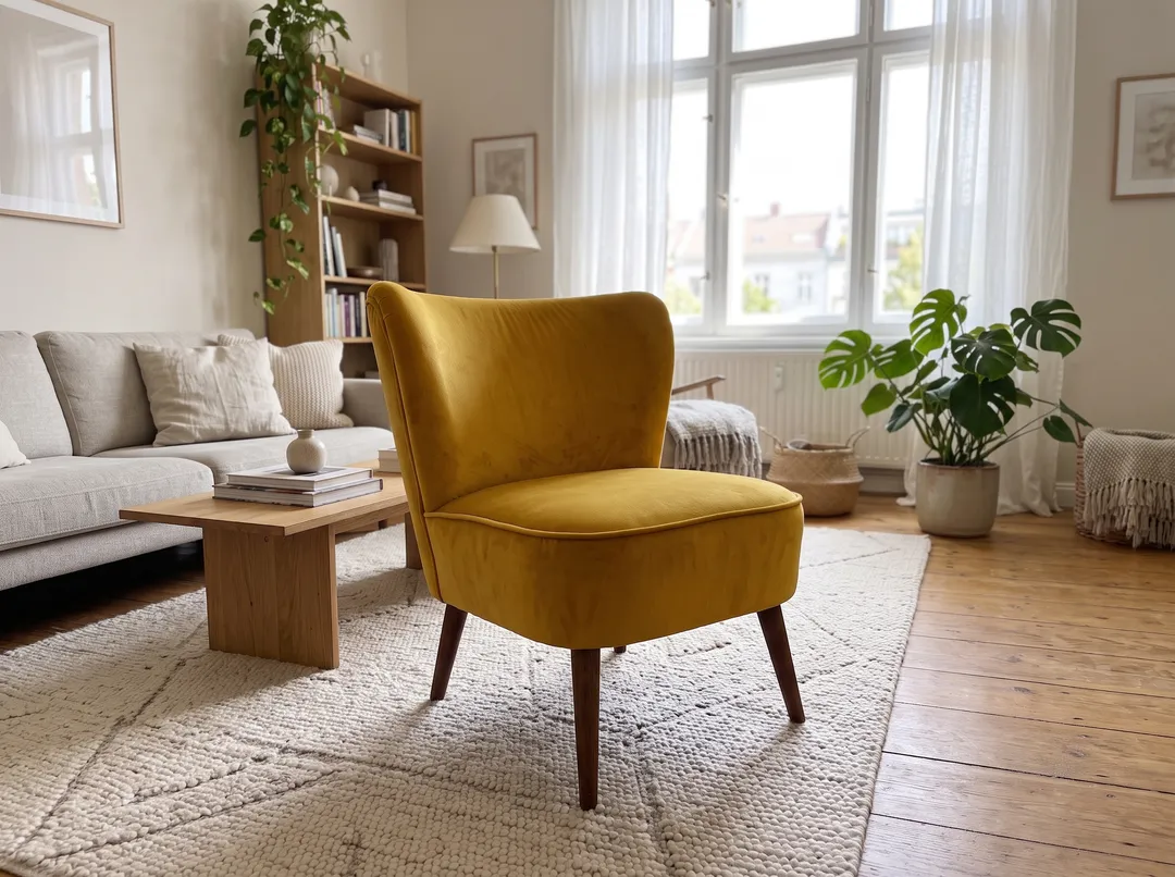 Mustard velvet armchair with the background changed to finished Scandinavian living room with a rug, plants and large windows