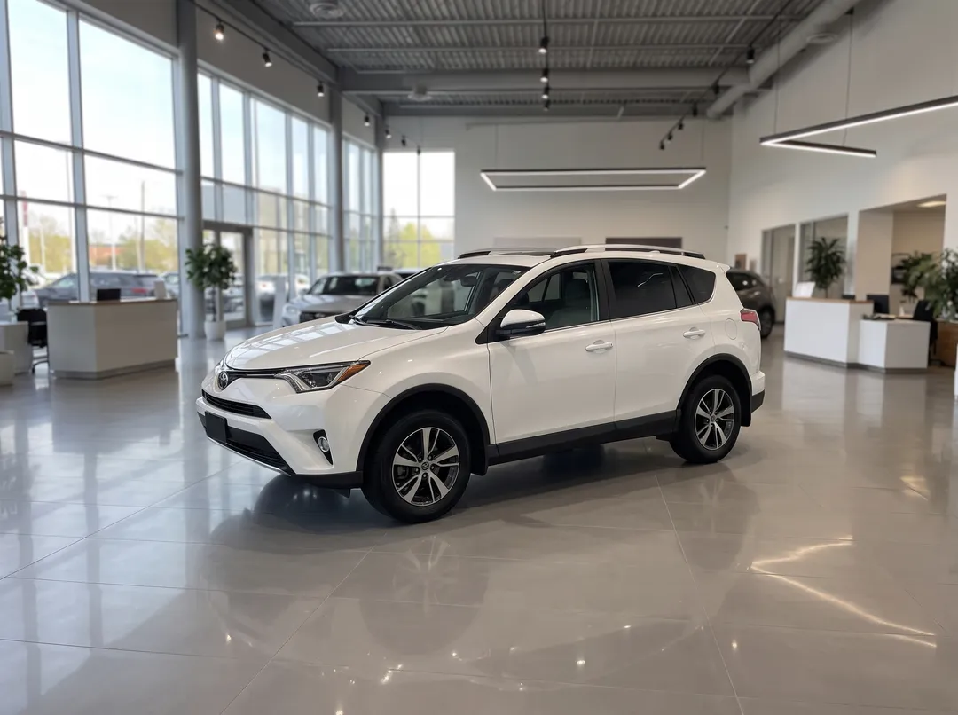 White SUV with the background changed to clean modern car showroom with polished floor