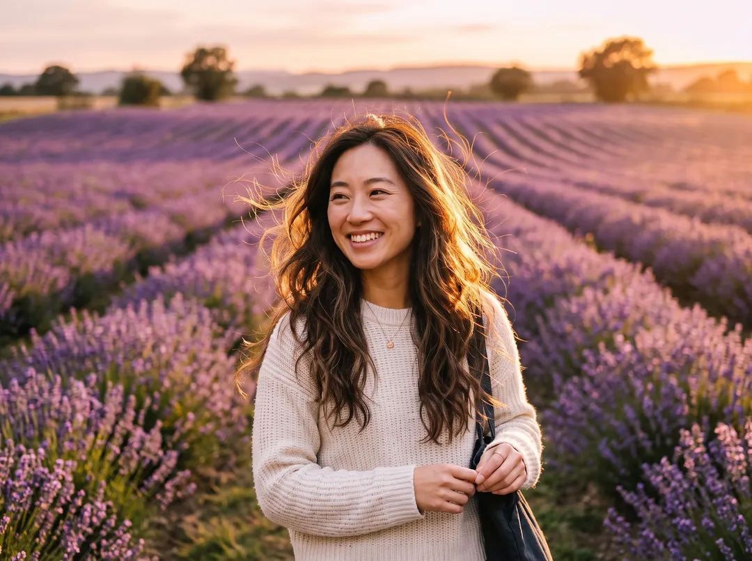Woman with long windblown hair with the background changed to lavender field at golden hour