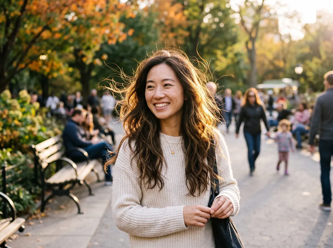 Woman with long windblown hair, original photo