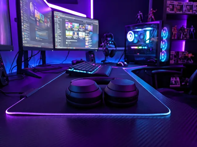 Black over-ear headphones with the background changed to gaming desk lit by purple and blue neon light