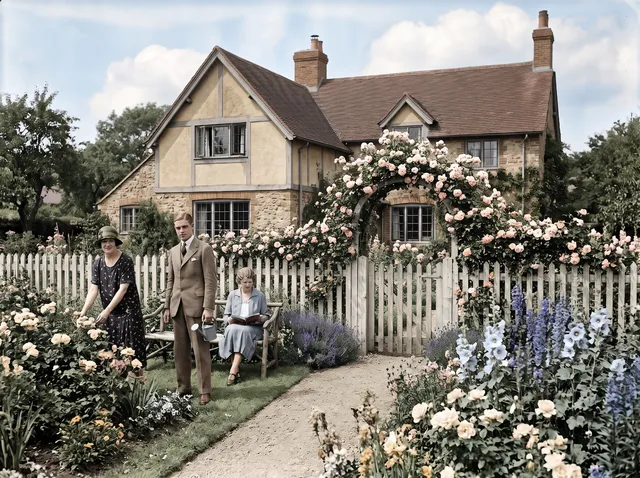 Colorized photo of a 1920s country house with a flower garden and climbing roses