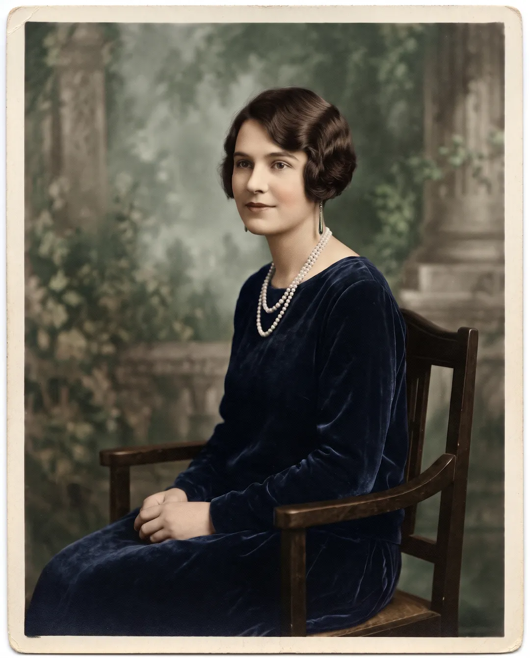 Colorized photo of a 1920s studio portrait of a young woman with bobbed hair, pearls and a velvet dress