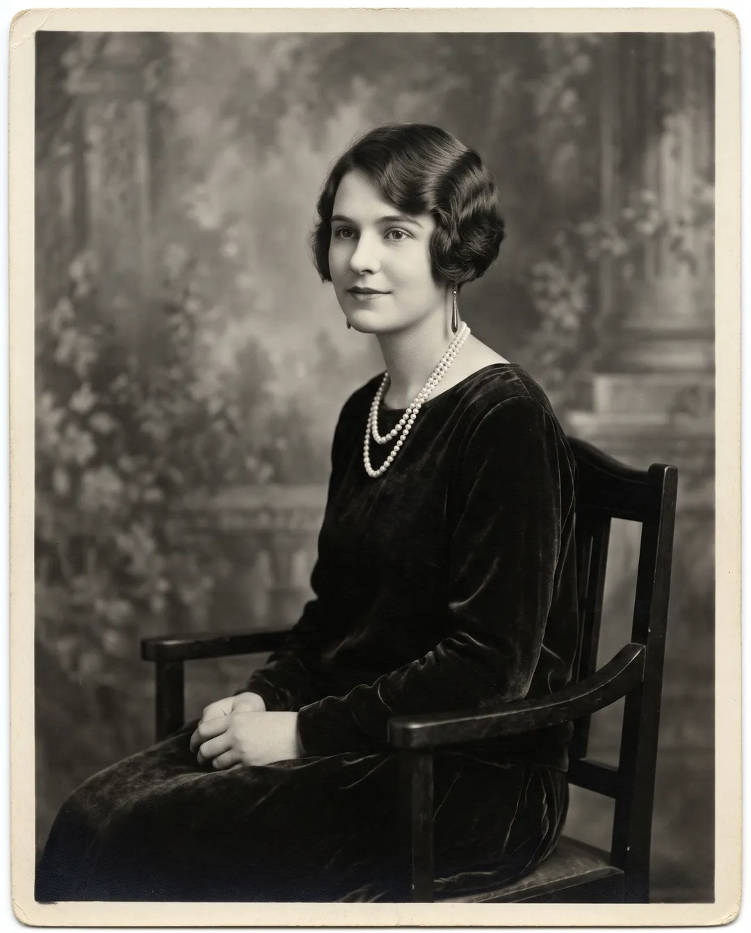 Black-and-white photo of a 1920s studio portrait of a young woman with bobbed hair, pearls and a velvet dress
