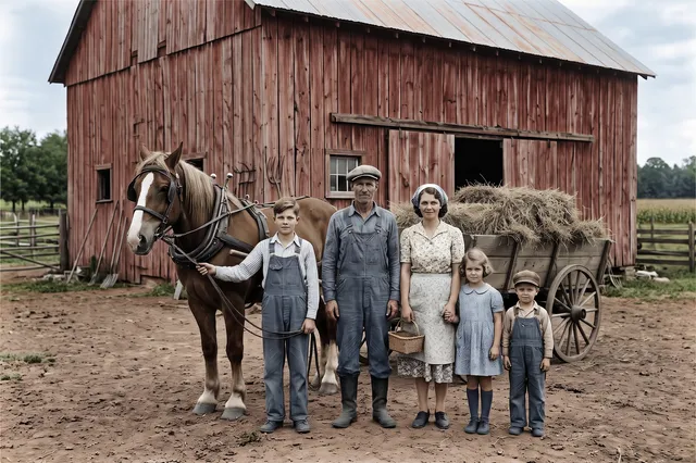 Colorized photo of a 1930s farming family in front of a barn with a horse