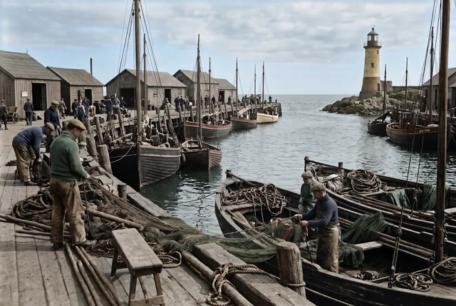 Colorized photo of a 1930s fishing harbor with wooden boats and a lighthouse