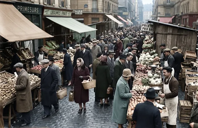 Colorized photo of a 1930s open-air fruit and vegetable market