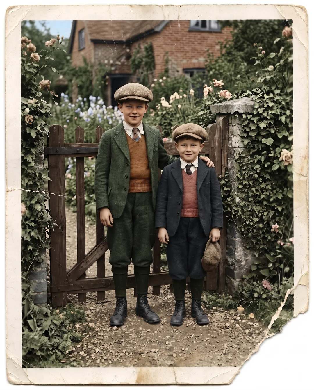 Colorized photo of a 1930s portrait of two brothers by a garden gate