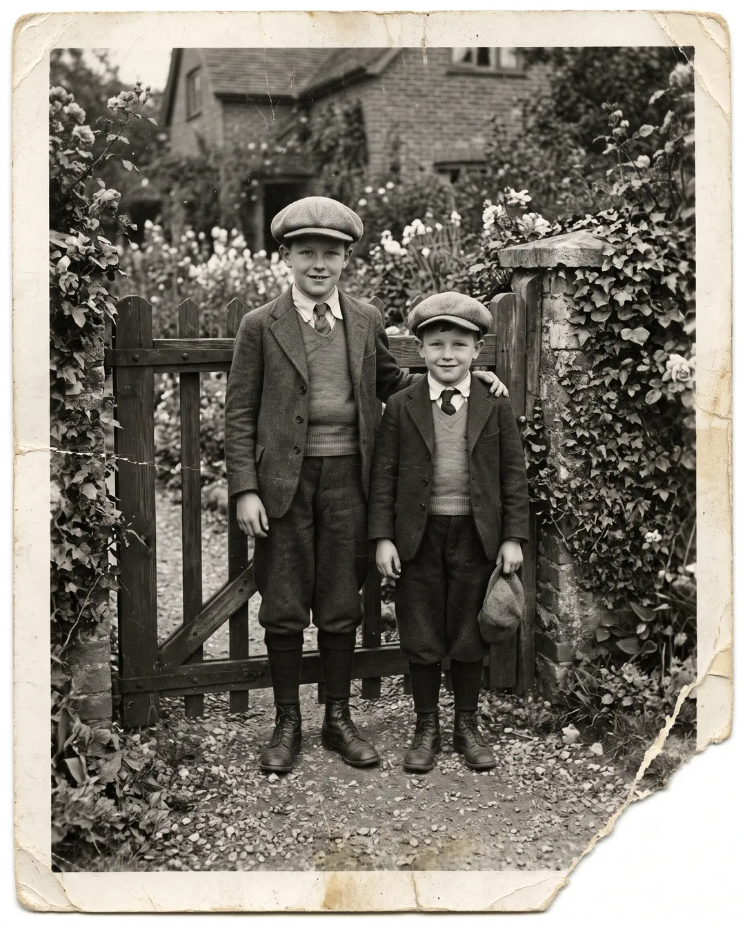 Black-and-white photo of a 1930s portrait of two brothers by a garden gate