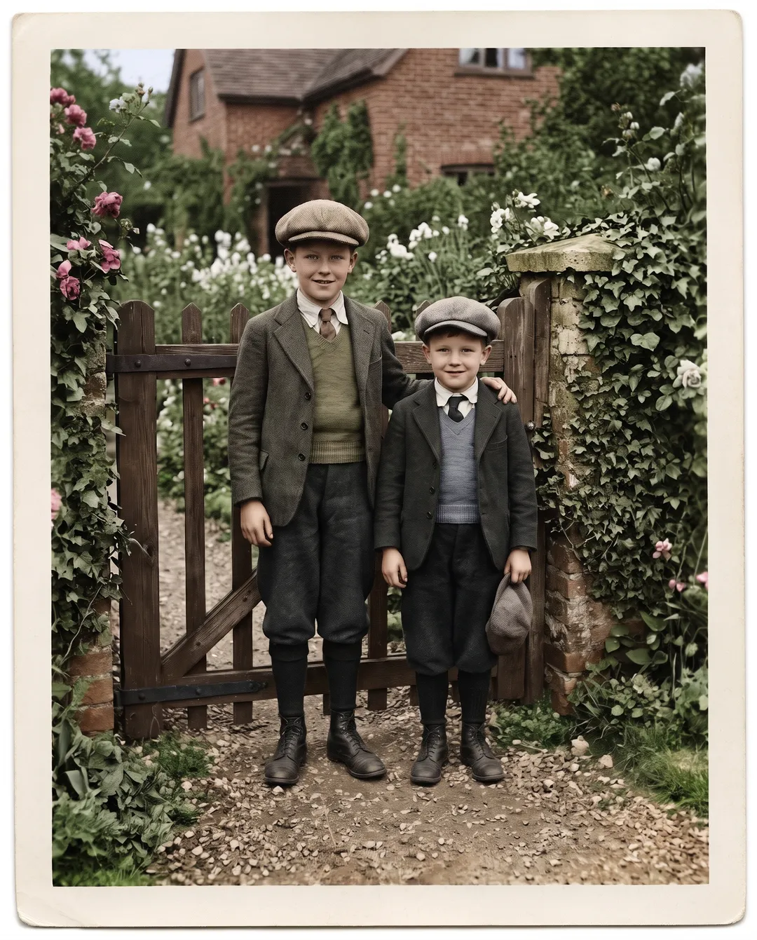 Restored and colorized photo of a 1930s portrait of two brothers by a garden gate