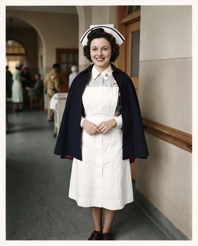 Colorized photo of a 1940s nurse in a uniform with a white cap and cape