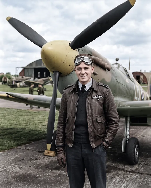 Colorized photo of a 1940s pilot in a leather flight jacket beside a propeller airplane