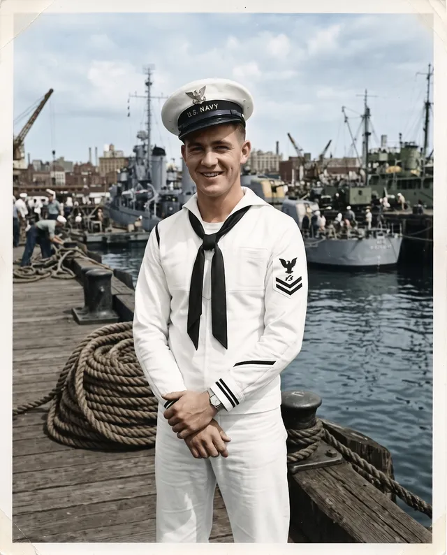 Colorized photo of a 1940s young sailor in a white uniform by a harbor