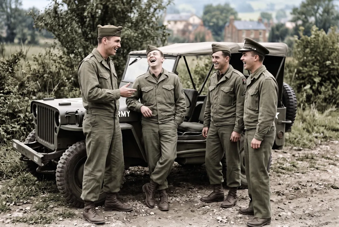Colorized photo of four 1940s soldiers laughing beside a jeep