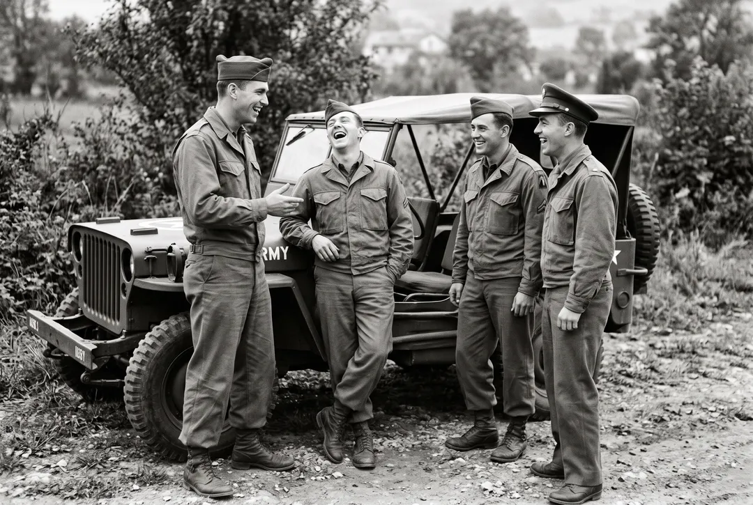 Black-and-white photo of four 1940s soldiers laughing beside a jeep