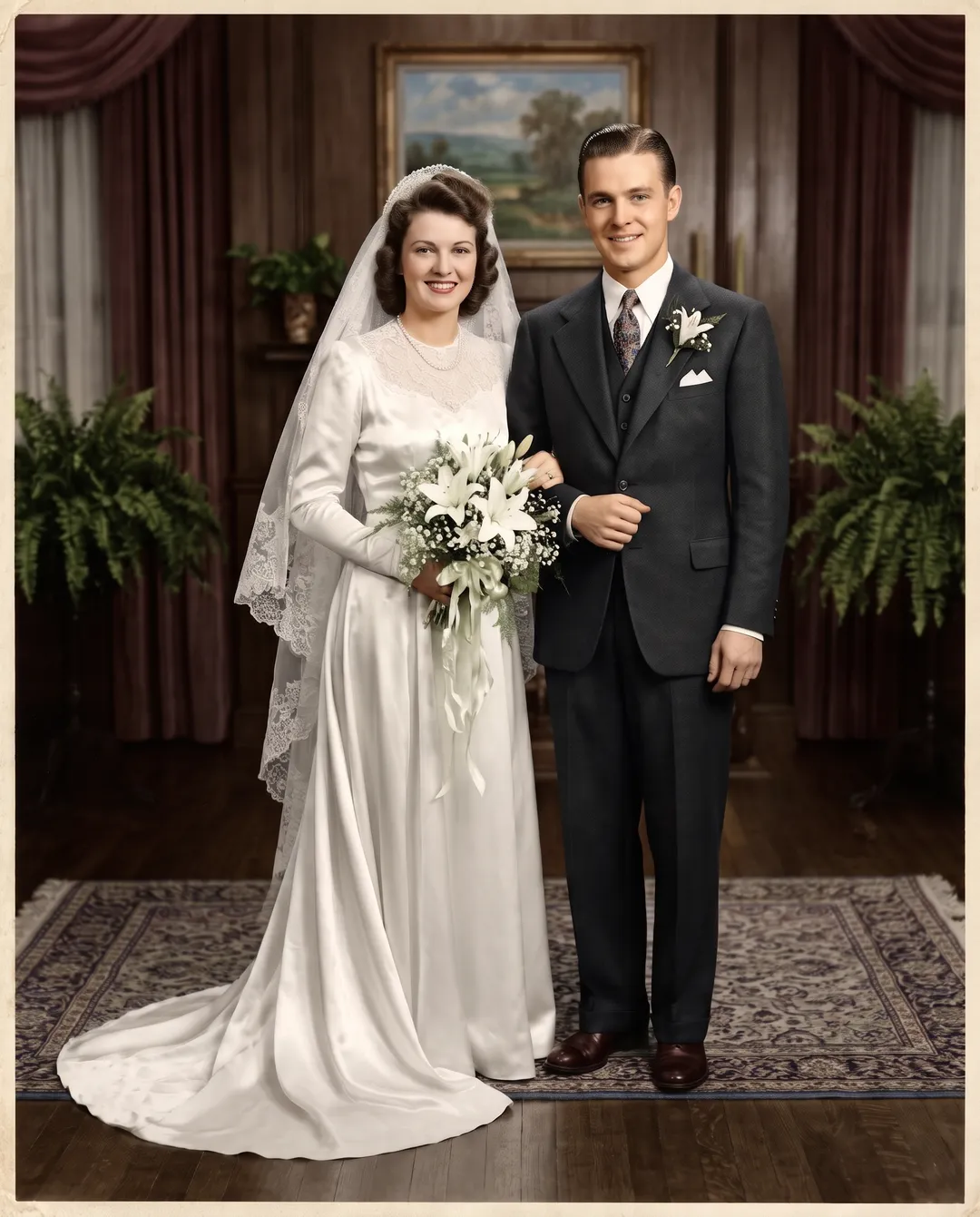 Colorized photo of a 1940s bride with lilies and a groom in a dark suit