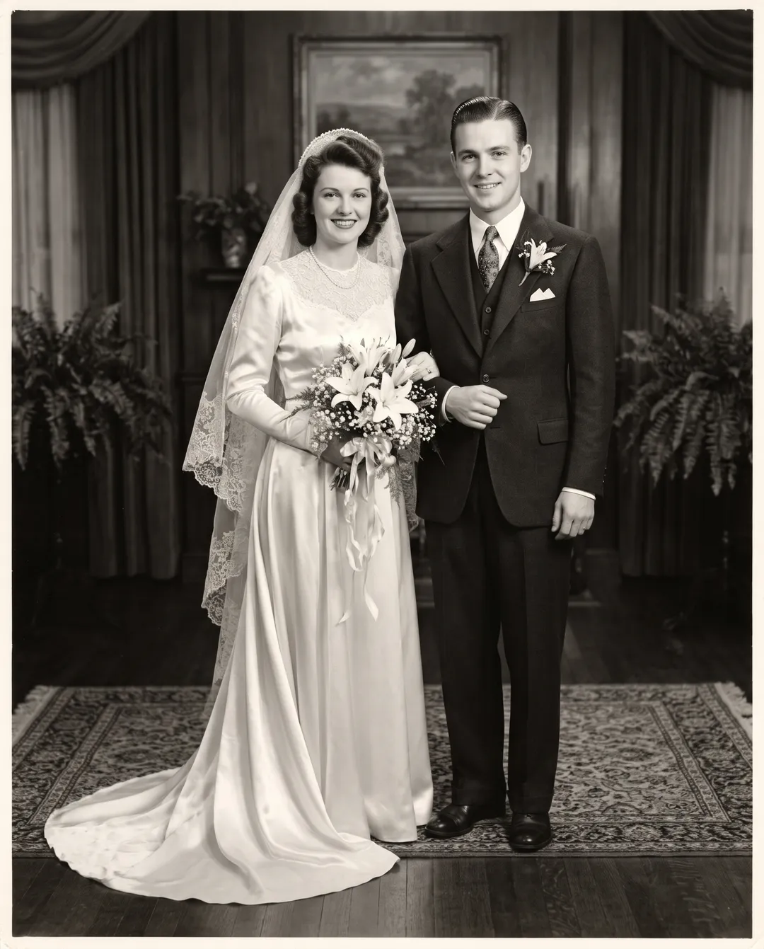 Black-and-white photo of a 1940s bride with lilies and a groom in a dark suit