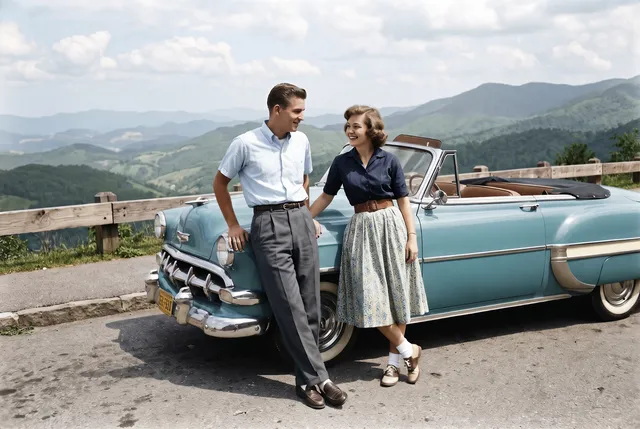 Colorized photo of a 1950s couple leaning on a convertible at a scenic overlook