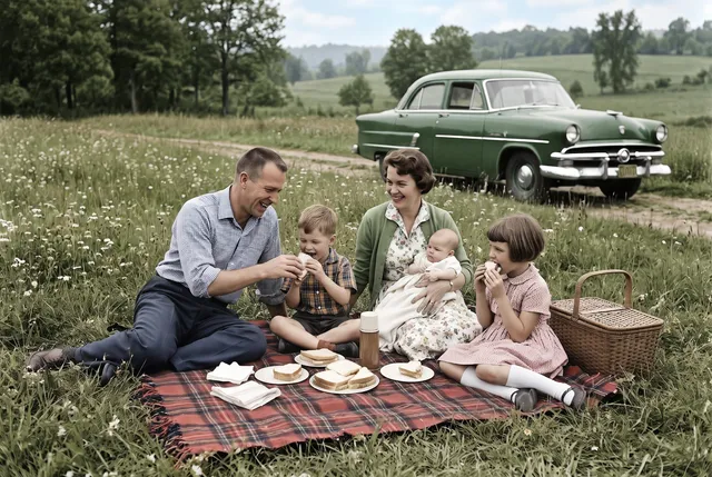 Colorized photo of a 1950s family of five having a picnic in a meadow
