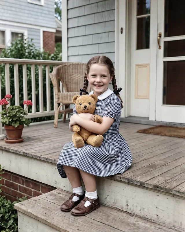 Colorized photo of a 1950s girl with braided pigtails holding a teddy bear