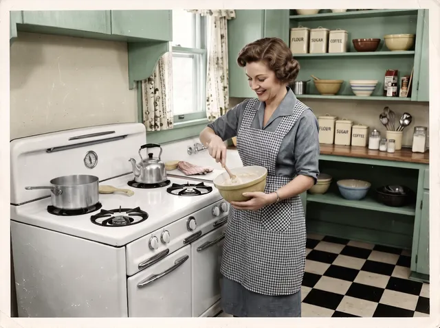 Colorized photo of a 1950s woman baking in a kitchen with a checkered floor