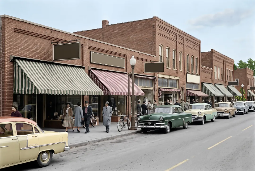 Colorized photo of a 1950s small-town main street with parked cars