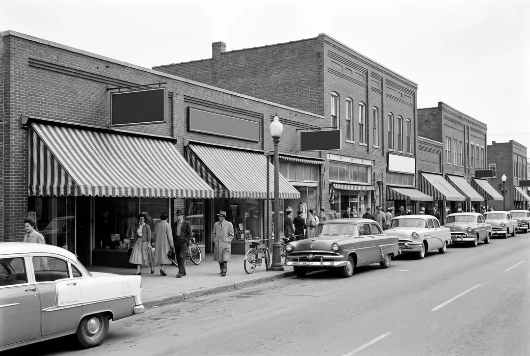 Black-and-white photo of a 1950s small-town main street with parked cars