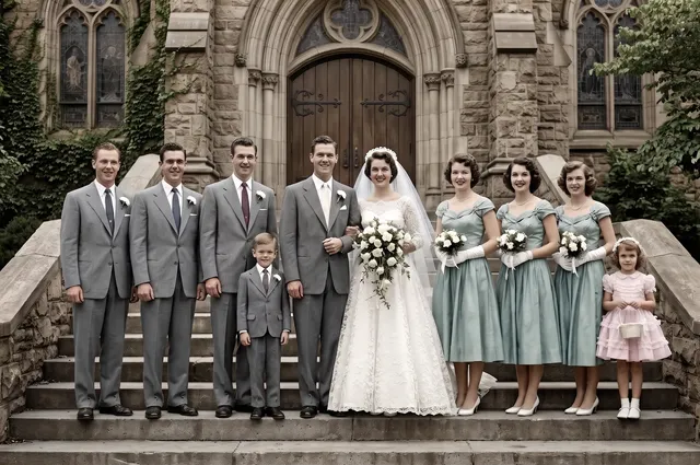 Colorized photo of a 1950s wedding party on church steps