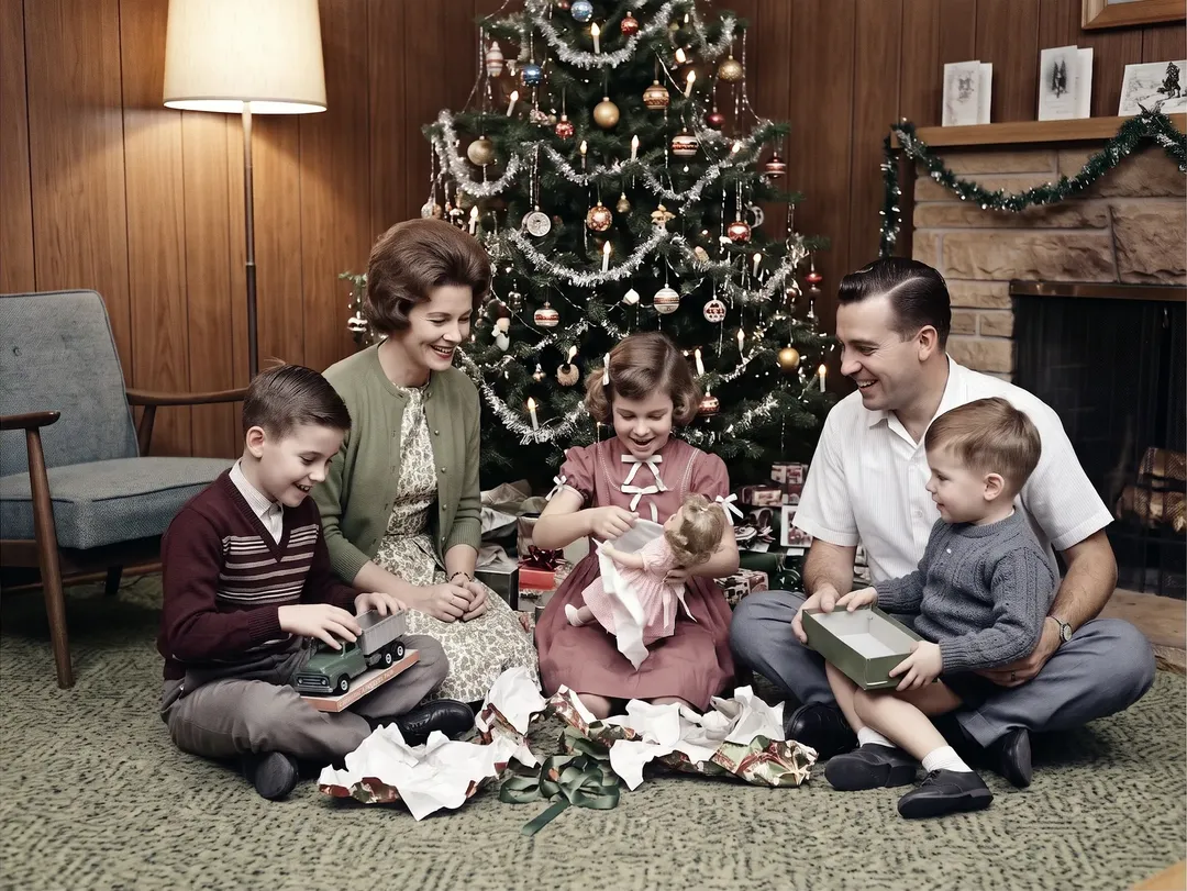 Colorized photo of a 1960s family around a Christmas tree