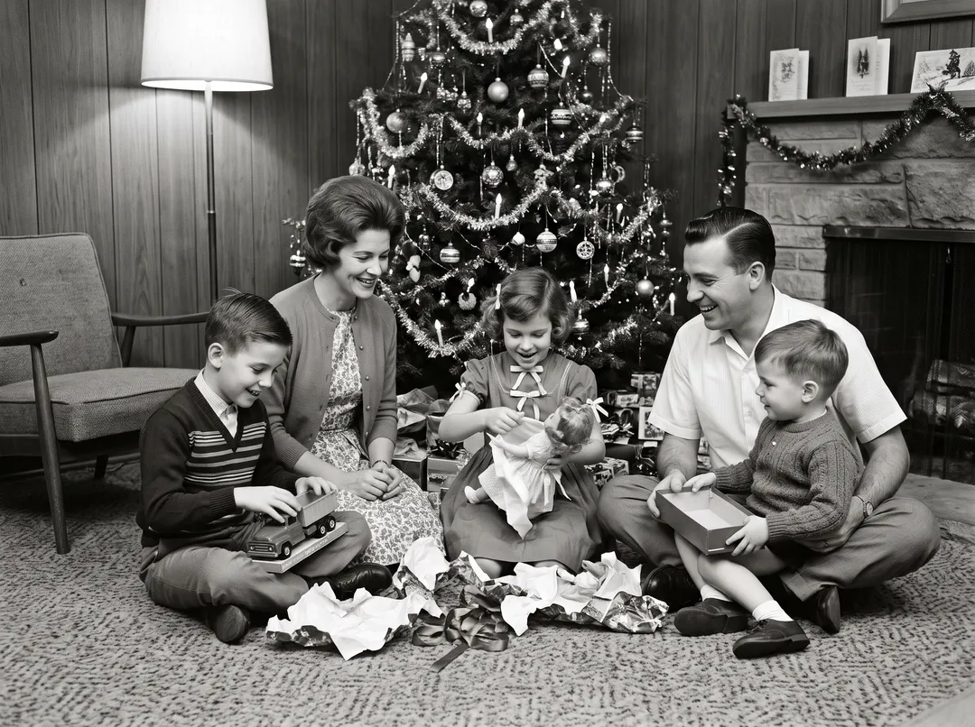 Black-and-white photo of a 1960s family around a Christmas tree