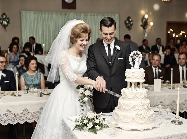 Colorized photo of a 1960s bride and groom cutting a wedding cake