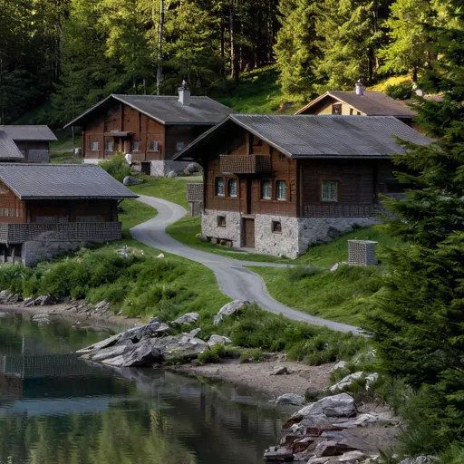 Alpine lake with snowy peaks and wooden cabins, upscaled 4× with AI, 100% crop
