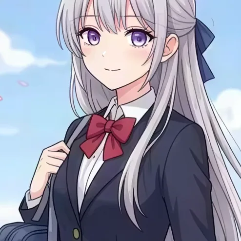 Anime girl with silver hair under cherry blossoms, upscaled 4× with AI, 100% crop
