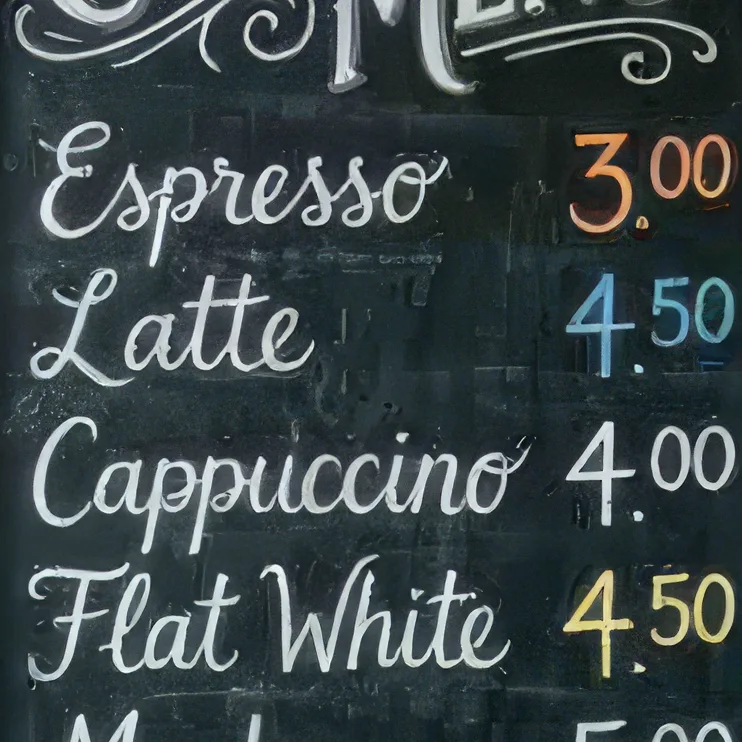 Chalkboard coffee menu with prices on a brick wall, upscaled 4× with Pro