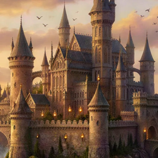 Fantasy painting of a castle above a waterfall, upscaled 4× with AI, 100% crop