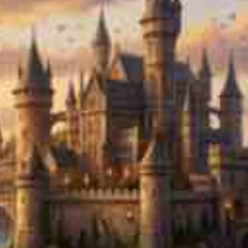 Fantasy painting of a castle above a waterfall, low-resolution original, 100% crop