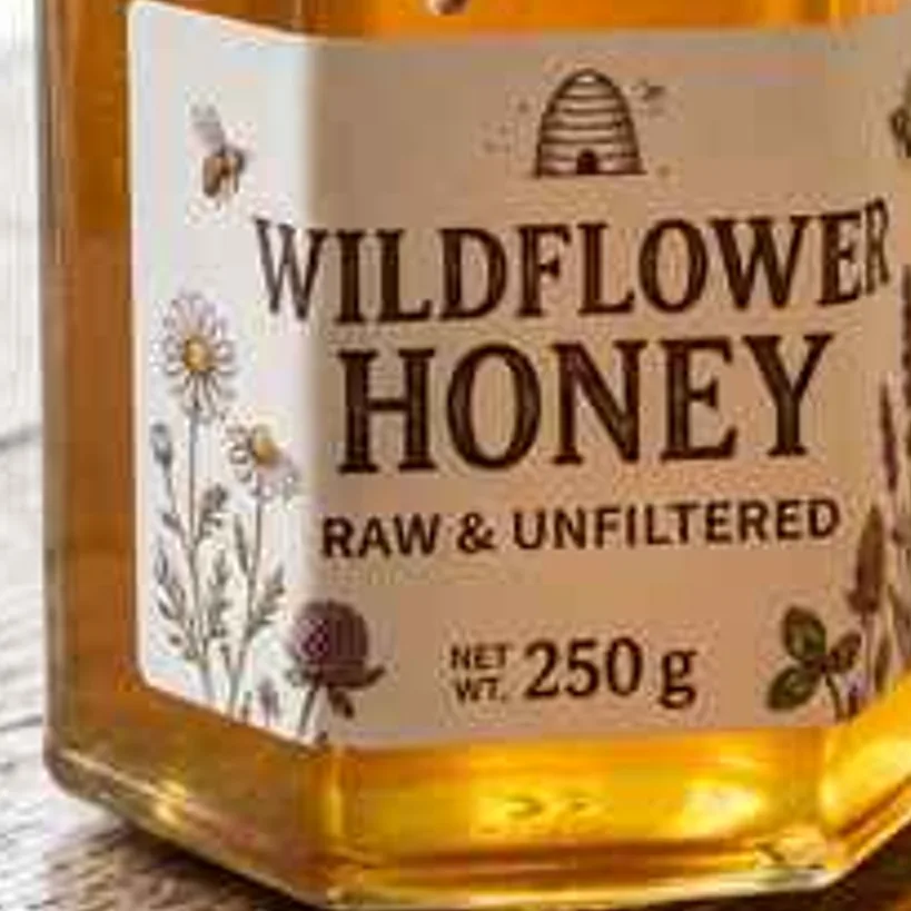 Honey jar with a printed paper label, low-resolution original, 100% crop