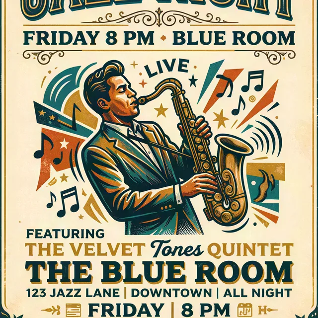 Retro jazz night event poster, upscaled 4× with AI, 100% crop