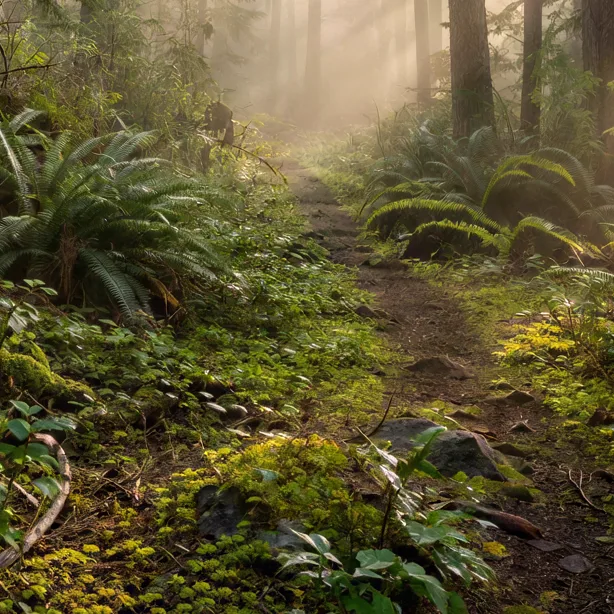 Misty pine forest with sun rays and ferns, upscaled 4× with AI, 100% crop