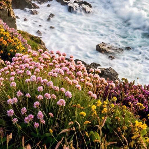 Sea cliffs with a coastal path and wildflowers, upscaled 4× with AI, 100% crop