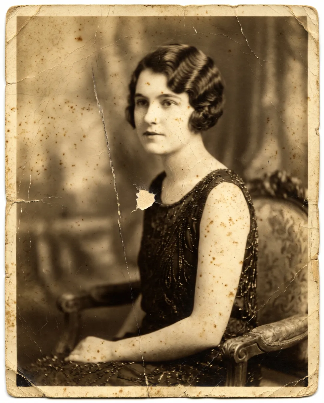 Damaged old photo of a 1920s studio portrait of a young woman with finger-waved hair: cracked emulsion, foxing, a long scratch