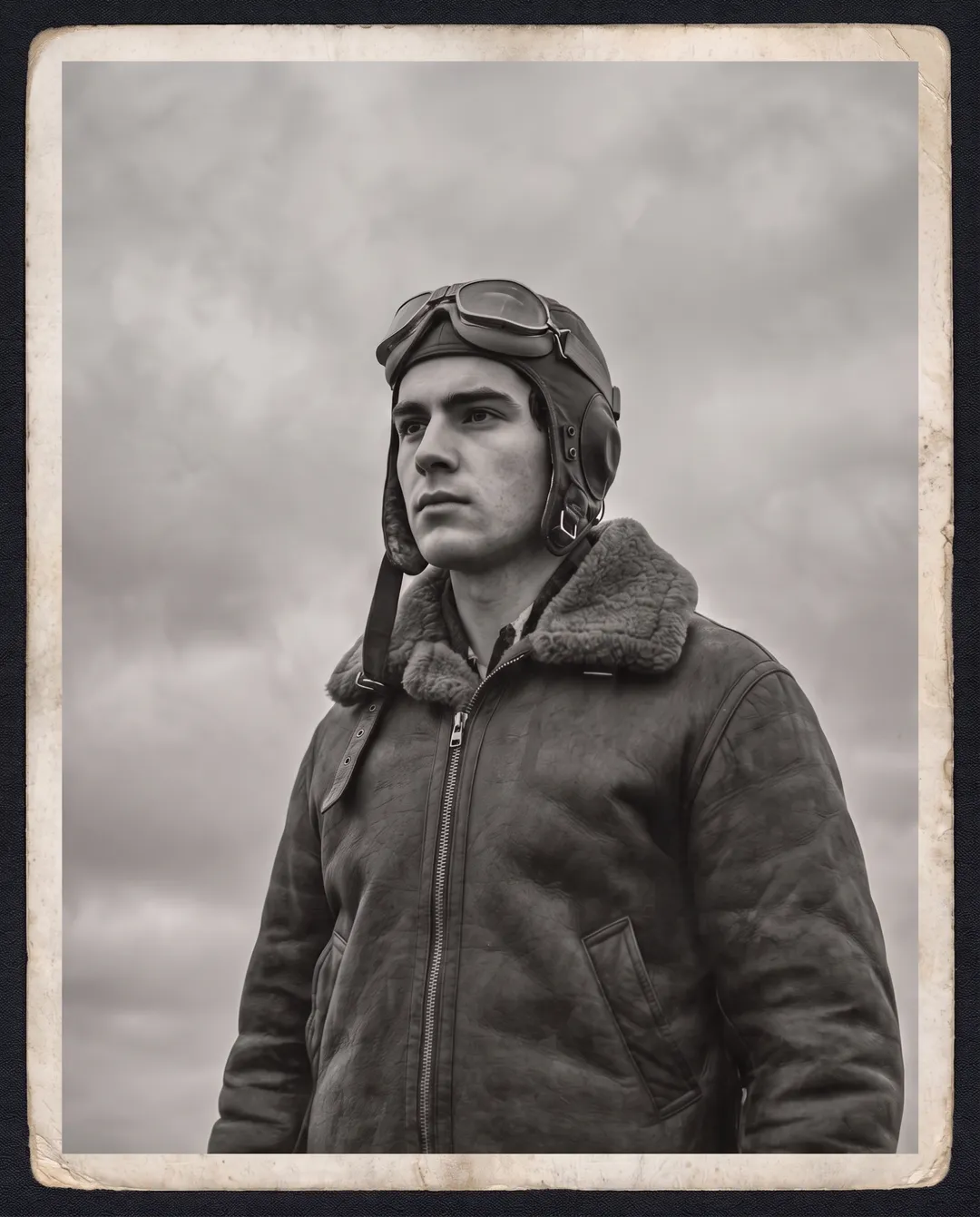 Restored photo of a 1940s aviator in a leather flight jacket and helmet