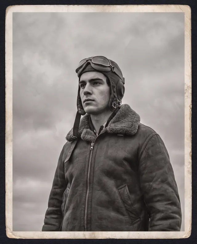 Restored photo of a 1940s aviator in a leather flight jacket and helmet
