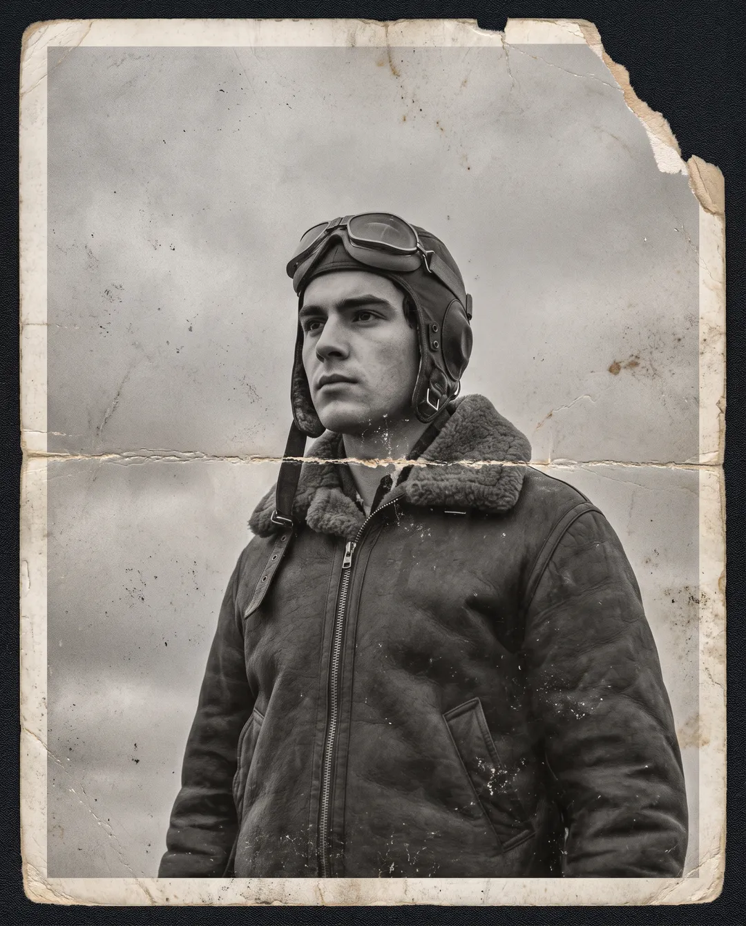 Damaged old photo of a 1940s aviator in a leather flight jacket and helmet: crease, torn corner, scratches