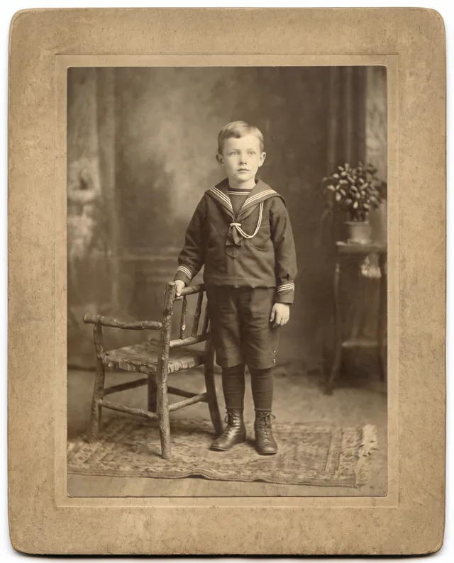 Restored photo of a 1910s cabinet-card portrait of a boy in a sailor suit