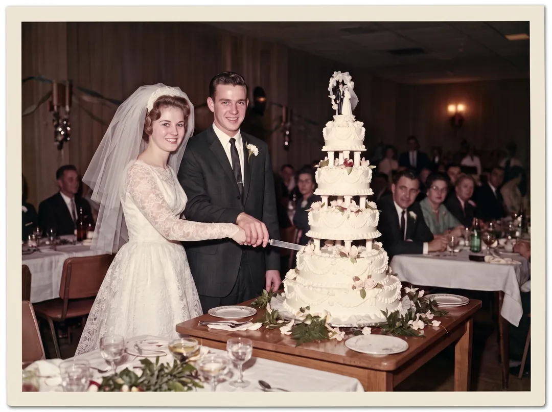 Restored photo of a 1960s bride and groom cutting their wedding cake